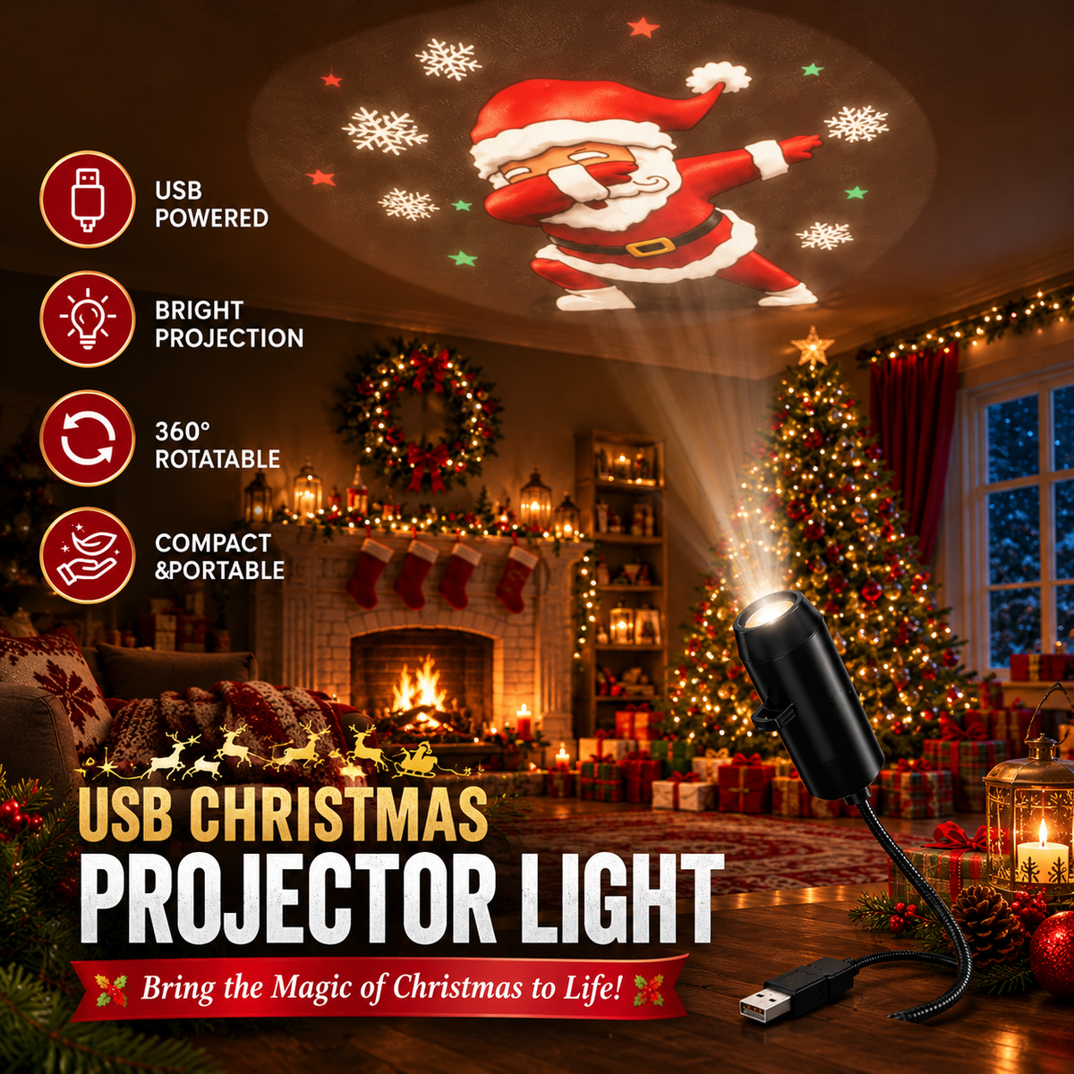 USB Christmas Projector Light With Festive Patterns