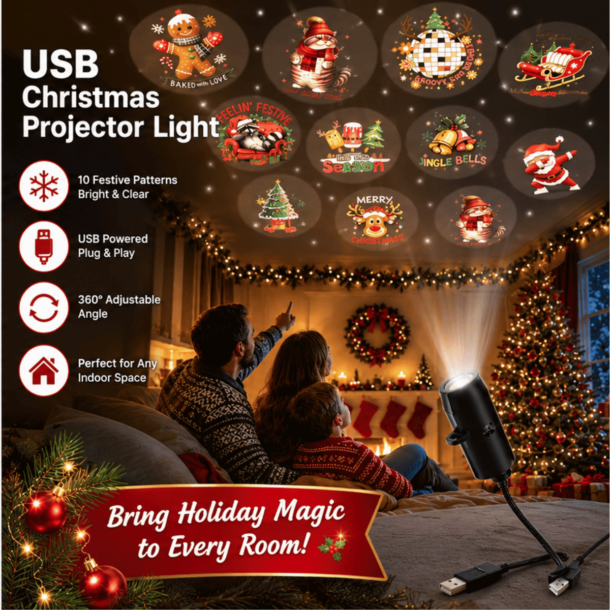 USB Christmas Projector Light With Festive Patterns