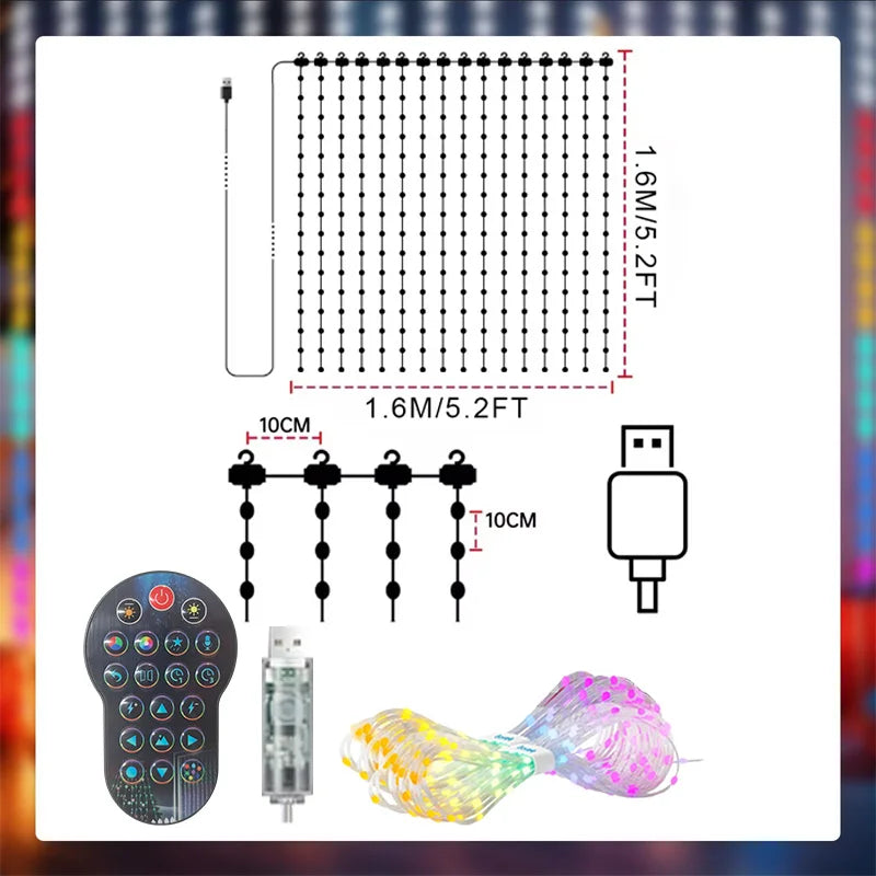 1.6M-5.3ft-256LEDS Emitting Color Smart LED Curtain Fairy Lights App Control Music Sync
