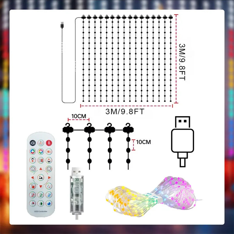 3M-9.9ft-400LEDS Emitting Color Smart LED Curtain Fairy Lights App Control Music Sync