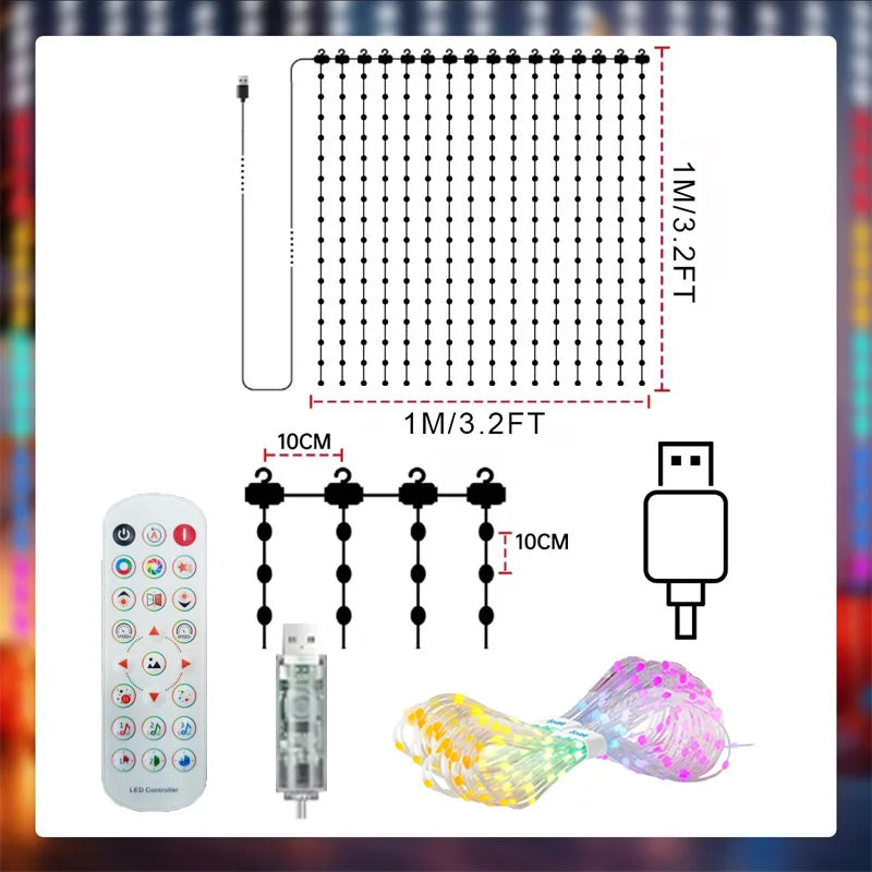 1M-3.3ft-400LEDS Emitting Color Smart LED Curtain Fairy Lights App Control Music Sync