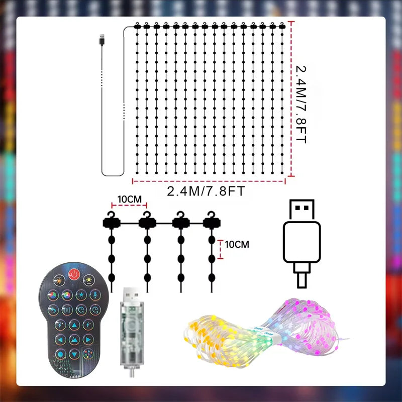 2.4M-7.9ft-256LEDS Emitting Color Smart LED Curtain Fairy Lights App Control Music Sync